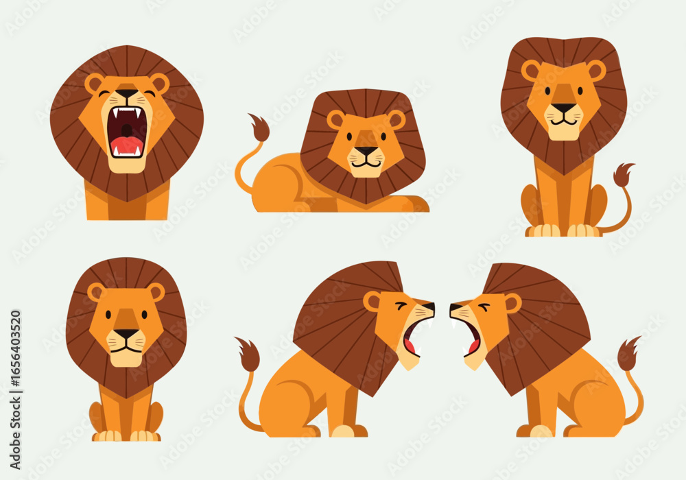 Fototapeta premium Six cartoon lions in different poses: roaring, sitting, lying down, and facing each other, set against a plain background.
