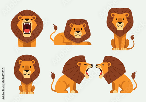 Six cartoon lions in different poses: roaring, sitting, lying down, and facing each other, set against a plain background.