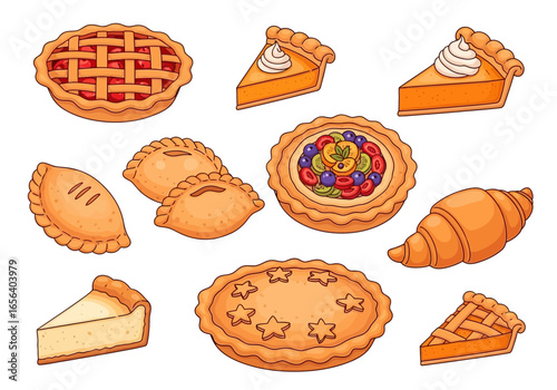 Illustration of various baked goods including pies, tarts, empanadas, a croissant, and cheesecake slices, all with a cartoon style.