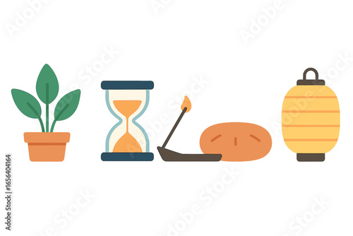 Zen elements: plant, hourglass, incense, lantern