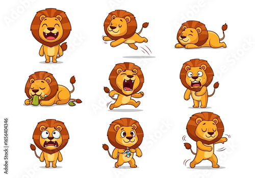 Collection of nine cartoon lions in various poses, expressing different emotions and performing actions like running, roaring, and relaxing.