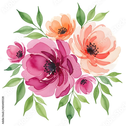 Watercolor Bouquet with Pink Peony and Orange Anemone Flowers Cut Out PNG.