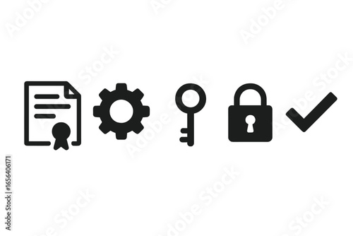Certificate, Gear, Key, Lock, Checkmark Icons