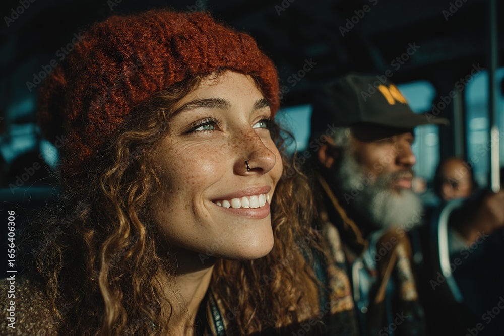 Fototapeta premium Playful candid urban commute with diverse people on city streets, natural smiles and warm bright tones in bold color blocks, documentary portrait style with authentic expressions