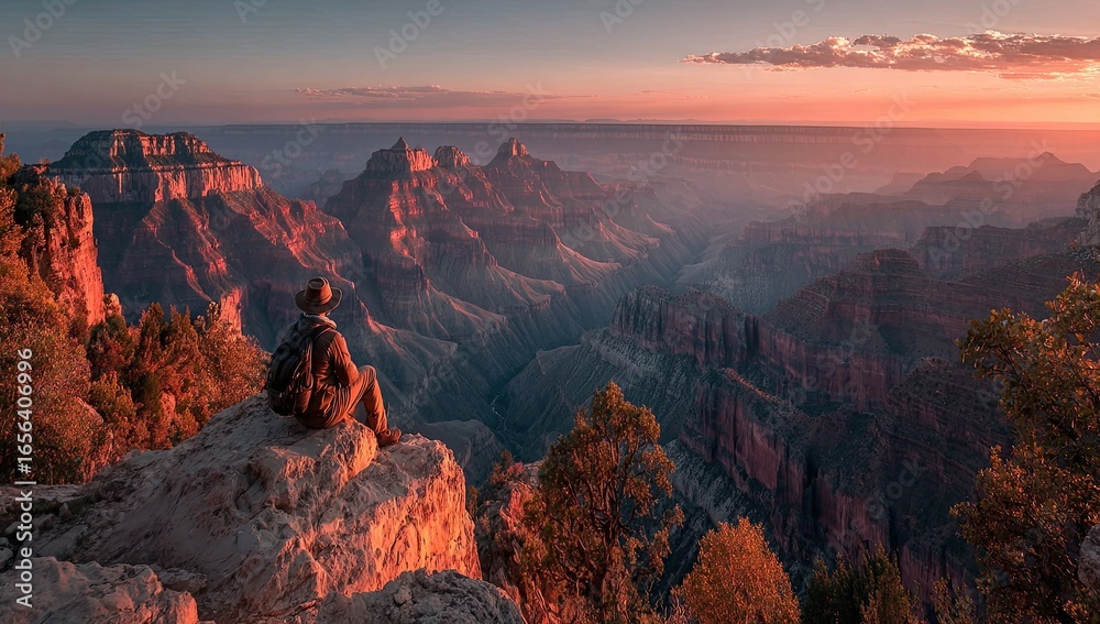 Obraz premium Grand Canyon Sunset Vista - Solo hiker atop mesa at golden hour