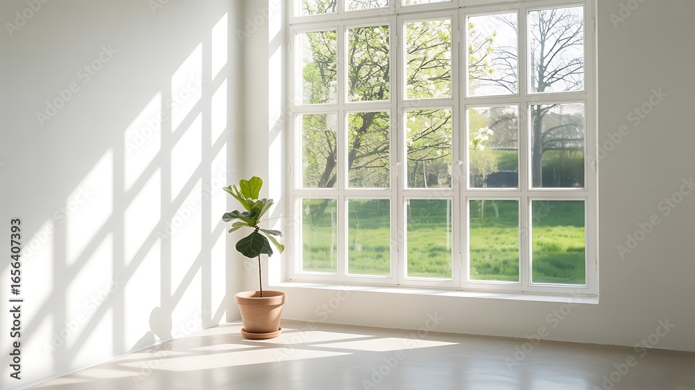 Fototapeta premium Bright Room Plant Sunlight Window Minimalist Serene Spring Green