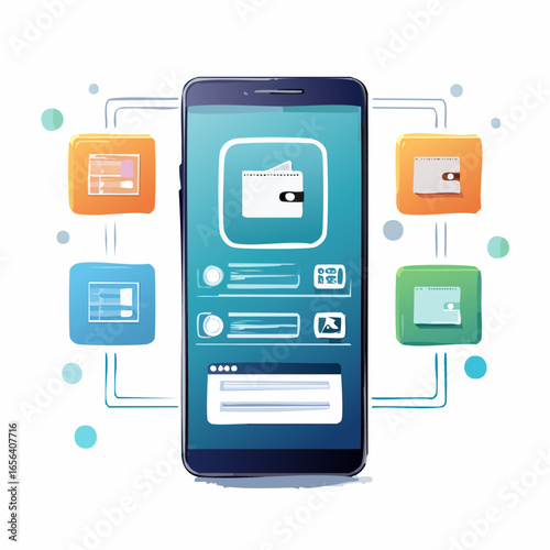 Fintech vector with holographic chart and wallet. Represents mobile banking, e-commerce, and financial innovation.

