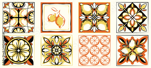 Decorative tiles inspired by Amalfi coast motifs - citrus patterns and Mediterranean florals for Italian interiors. Orange slices with lemon designs and geometric flowers for ceramic decoration.