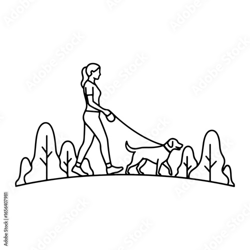 A young woman walking with her dog in nature. This diagram is great for health, pets, and peaceful living.