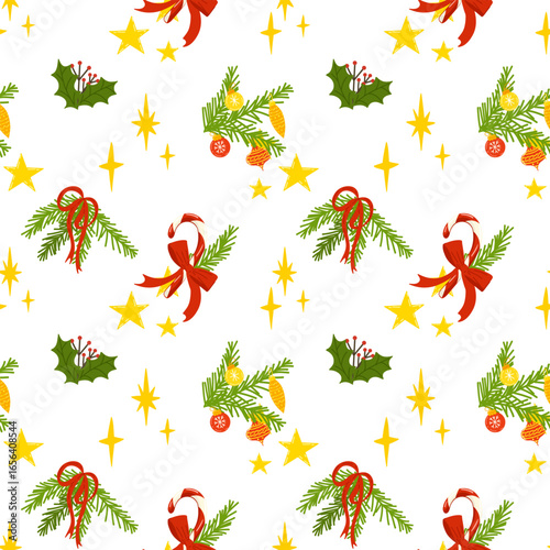 Seamless Christmas pattern with fir branches, mistletoe, candy canes and stars. Vector festive illustration on white background for wrapping paper, fabric, packaging and seasonal decor