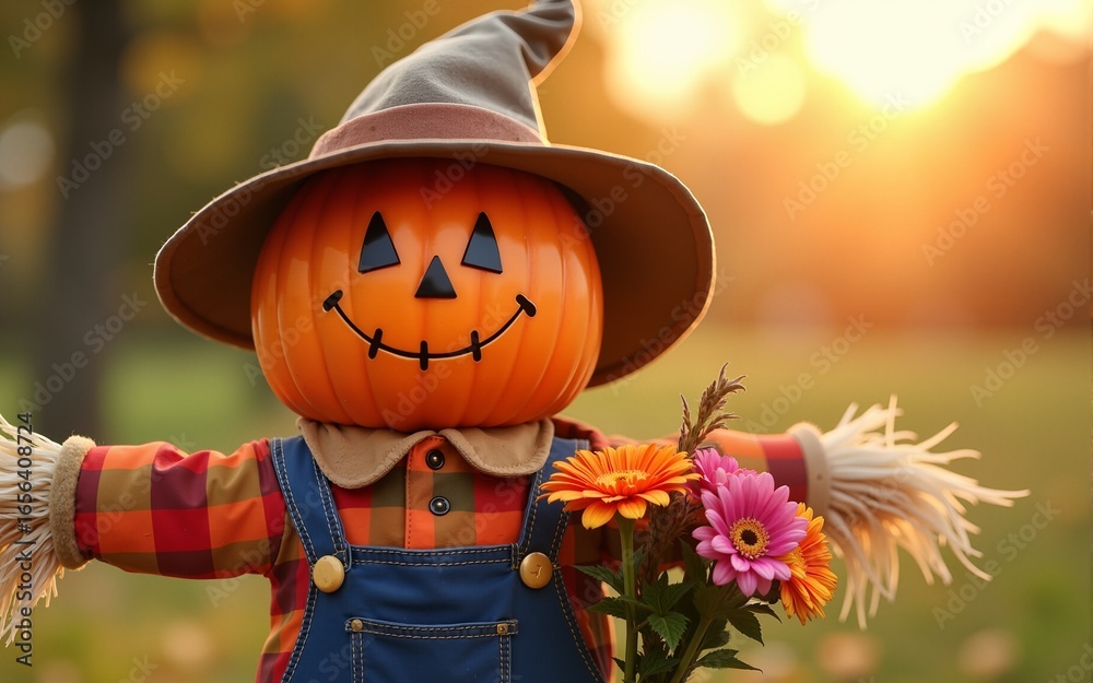 Naklejka premium Cute pumpkin scarecrow wearing a hat and holding flowers. High quality