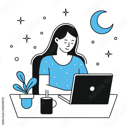 working late business illustration of a woman