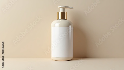 Cream colored bottle with a gold pump.
