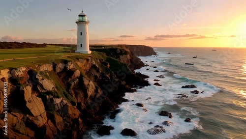 Scenic Lighthouse on Rugged Cliff at Sunset by the Ocean