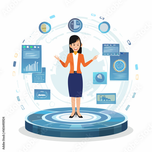 Leadership vector with futuristic platform and data screens. Represents digital transformation and visionary business guidance.
