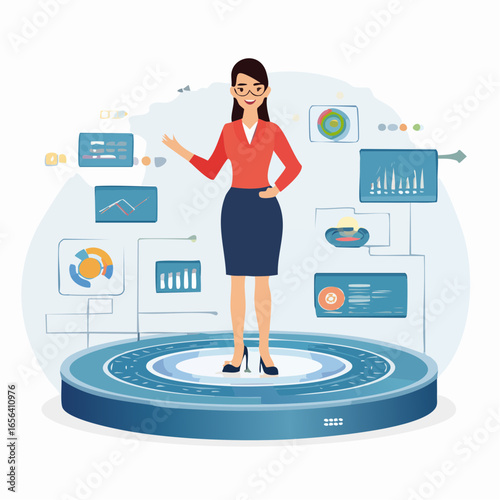 Leadership vector with futuristic platform and data screens. Represents digital transformation and visionary business guidance.

