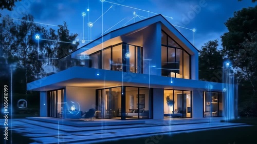 Modern Smart Home Exterior at Night with Blue Lighting