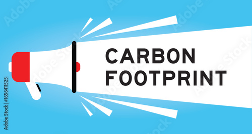 Color megaphone icon with word carbon footprint in white banner on blue background