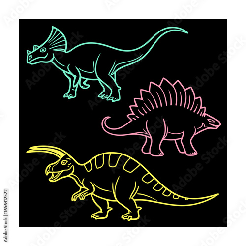 Three colorful dinosaur outlines on black background turquoise pink yellow prehistoric
