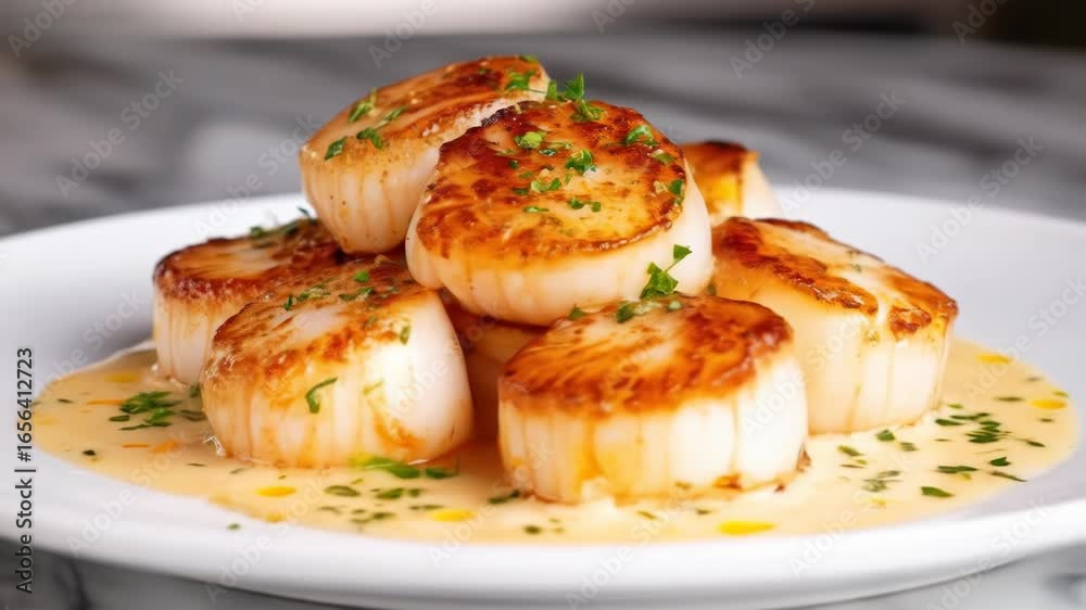 Gourmet Seared Scallops Delight: Close-Up Presentation with Delicate Sauce and Herb Garnish Gourmet Seared Scallops Delight: Close-Up Presentation with Delicate Sauce and Herb Garnish