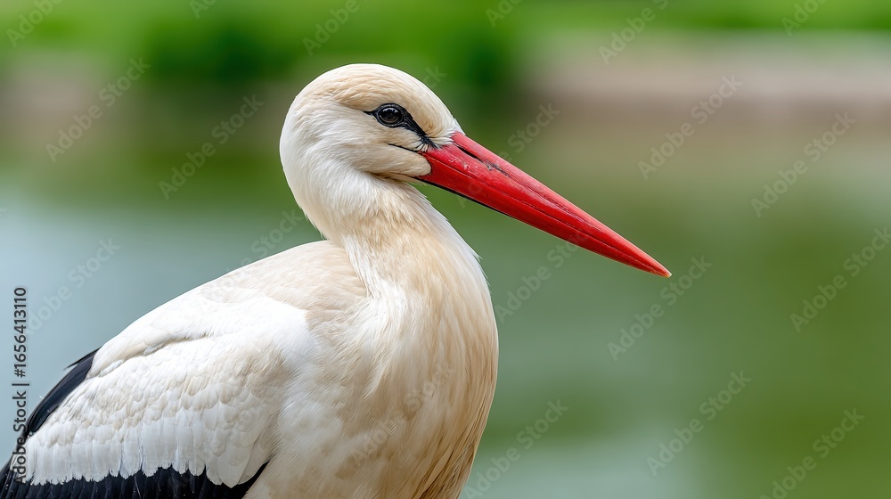 Fototapeta premium A close-up shot of a stork highlighting its striking red beak and elegant features against a soft-focus green background, Ideal for nature articles, wildlife education, or eco-friendly campaigns,