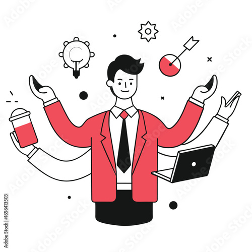 A male business professional in a red suit jacket and tie, multitasking with multiple arms holding various items, with project management icons in a white background.