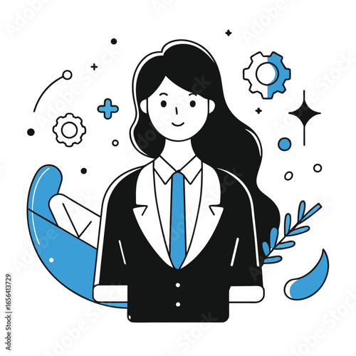 Female business professional in formal attire standing in office setting. Smiling and confident, ready for work at a company. Female executive in a modern office -
