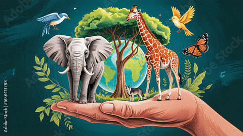 Fototapeta Naklejka Na Ścianę i Meble -  Hand holding diverse animals and planet Earth elephant