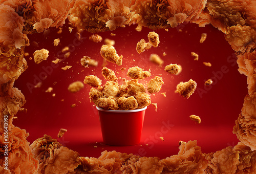 a creative concept for hot and fresh fry kfc  chicken. Chicken fry nugget s and legs inside a  frame made out of chicken fry pieces.