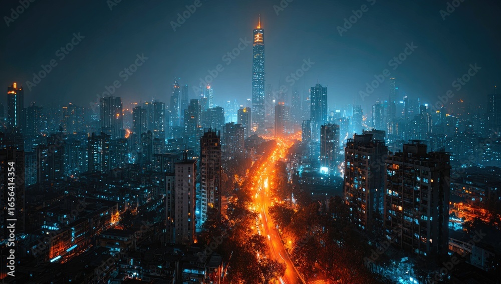 Fototapeta premium Night cityscape aerial view of illuminated city streets and skyscrapers