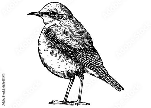 Northern Wheatear . Hand drawn illustration. Isolated bird species in detailed engraving style, hatching and line art. Decorative for animal, zoo and web. 