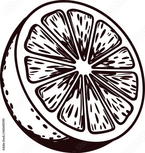 Hand drawn illustration of citrus fruit half with detailed segments and rind in vintage engraving