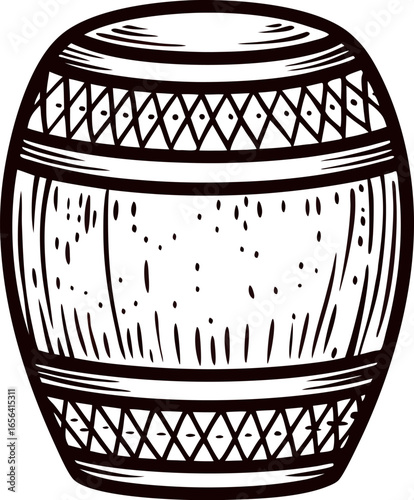 Hand drawn wooden barrel illustration with vintage engraved lines and detailed wood texture