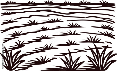 Hand drawn grass field illustration with tufts and lines showing natural terrain