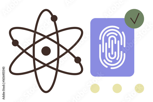 Atomic structure and fingerprint with tick mark highlight innovation, identity verification, and safety. Ideal for technology, science, physics, biometrics, identity innovation security. Simple