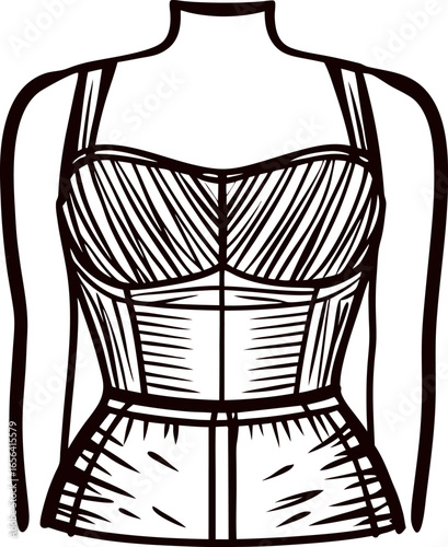 Hand drawn vintage corset illustration with straps and boning on mannequin bust