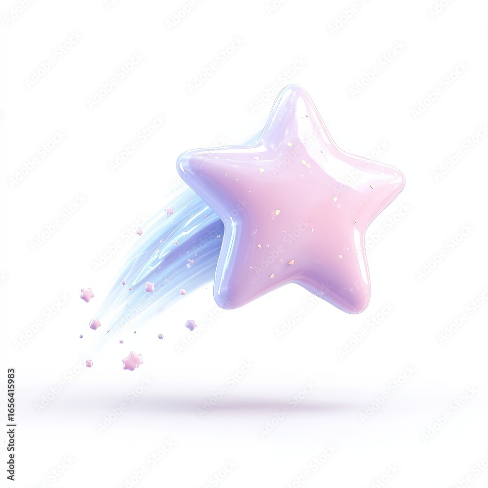 Obraz premium A shimmering pink star glides gracefully against a white backdrop, trailing soft pastel particles, Ideal for whimsical designs, children's themes, or creative projects needing a magical touch,