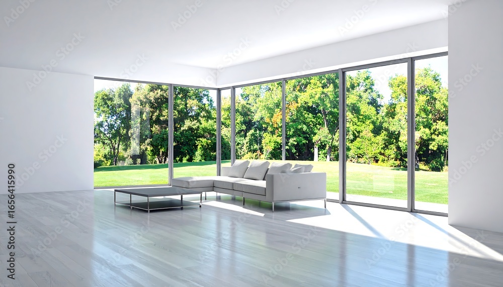 Fototapeta premium Modern, bright living room with large windows