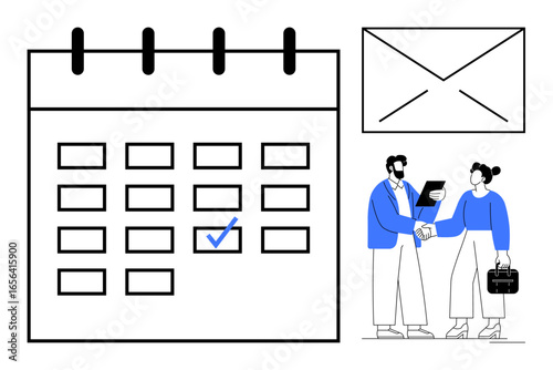 Calendar with marked date, envelope, business handshake, document review. Ideal for planning, scheduling, appointment setting, professional relationships, communication workplace collaboration