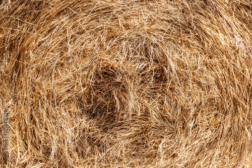 A close up view of round baled straw