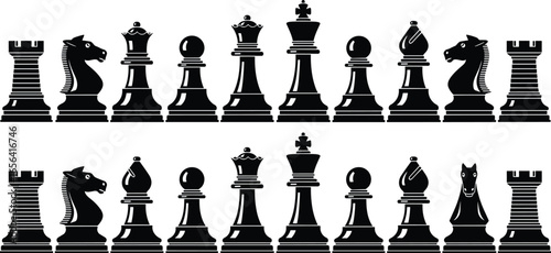 Chess piece silhouette set, black icons of rook knight bishop queen king, strategic board game symbols, classic chess layout illustration