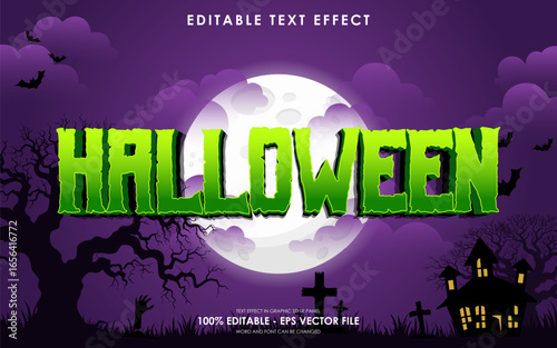 Editable happy halloween text effect with purple halloween theme background, gravestones, full moon