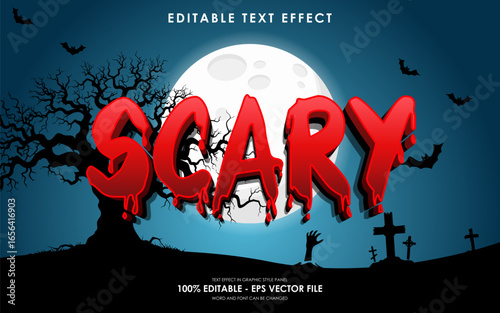 Editable scary halloween text effect with blue halloween theme background, gravestones, full moon