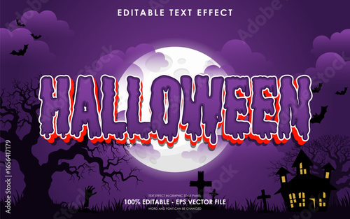 Editable happy halloween text effect with purple halloween theme background, gravestones, full moon
