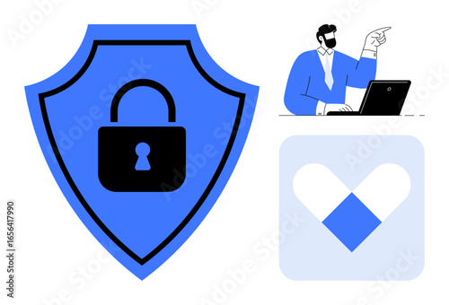 Shield with padlock symbolizing online security, user at desk pointing, heart-shaped digital icon. Ideal for cybersecurity, data protection, privacy, online safety, IT support, trust simple flat