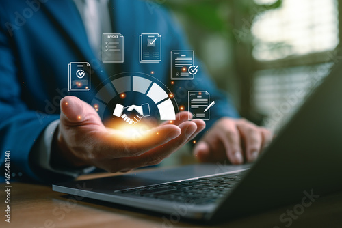 Papier peint Businessman using digital agreement and contract management platform with virtual handshake and document icons, representing secure business deal, approval and e-signature process