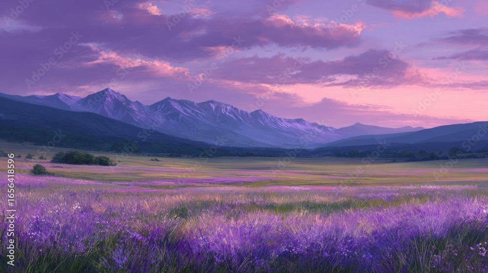 Fototapeta premium Serene Landscape with Purple Meadows, Majestic Mountains and Colorful Sunset in Tranquil Nature Scene