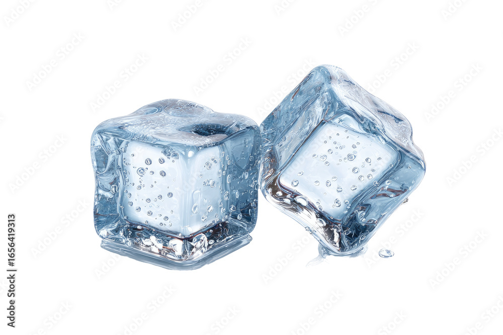 Fototapeta premium Two clear ice cubes, slightly overlapping, with water droplets