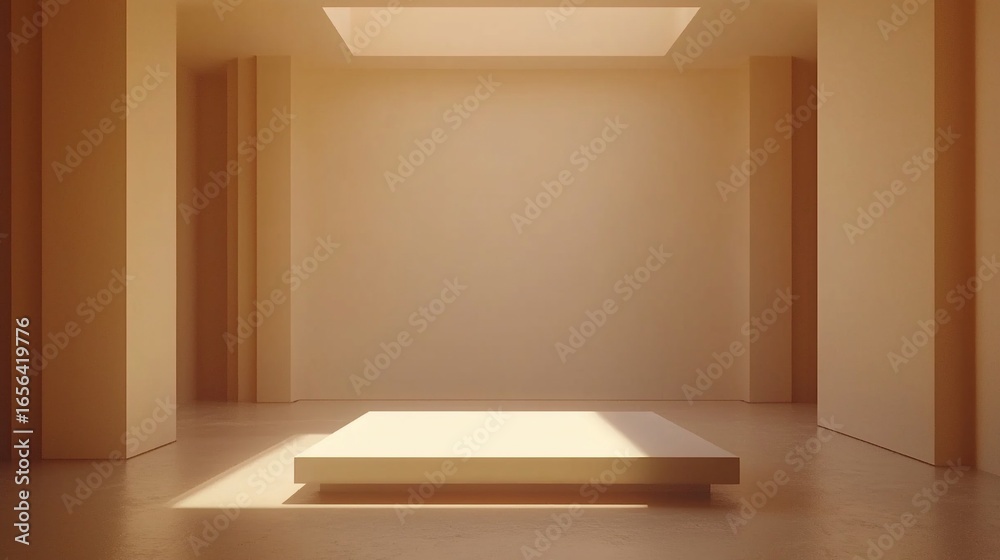 Fototapeta premium Minimalist beige room with platform and skylight casting soft shadows, creating a serene atmosphere