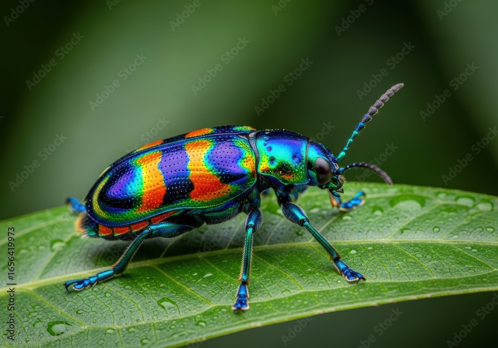 Fototapeta premium A stunning macro photograph of a vibrant, iridescent rainbow-colored jewel beetle on a green leaf.